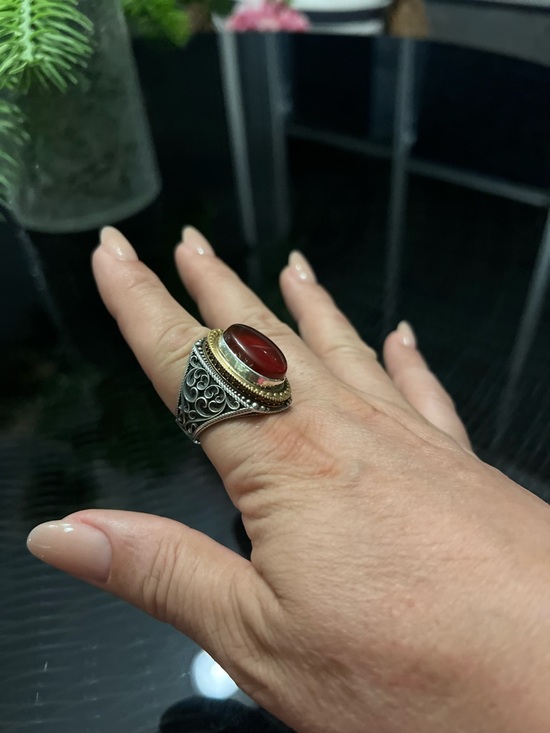 Other - Men's Silver Filigree Ring with Red Stone Accent